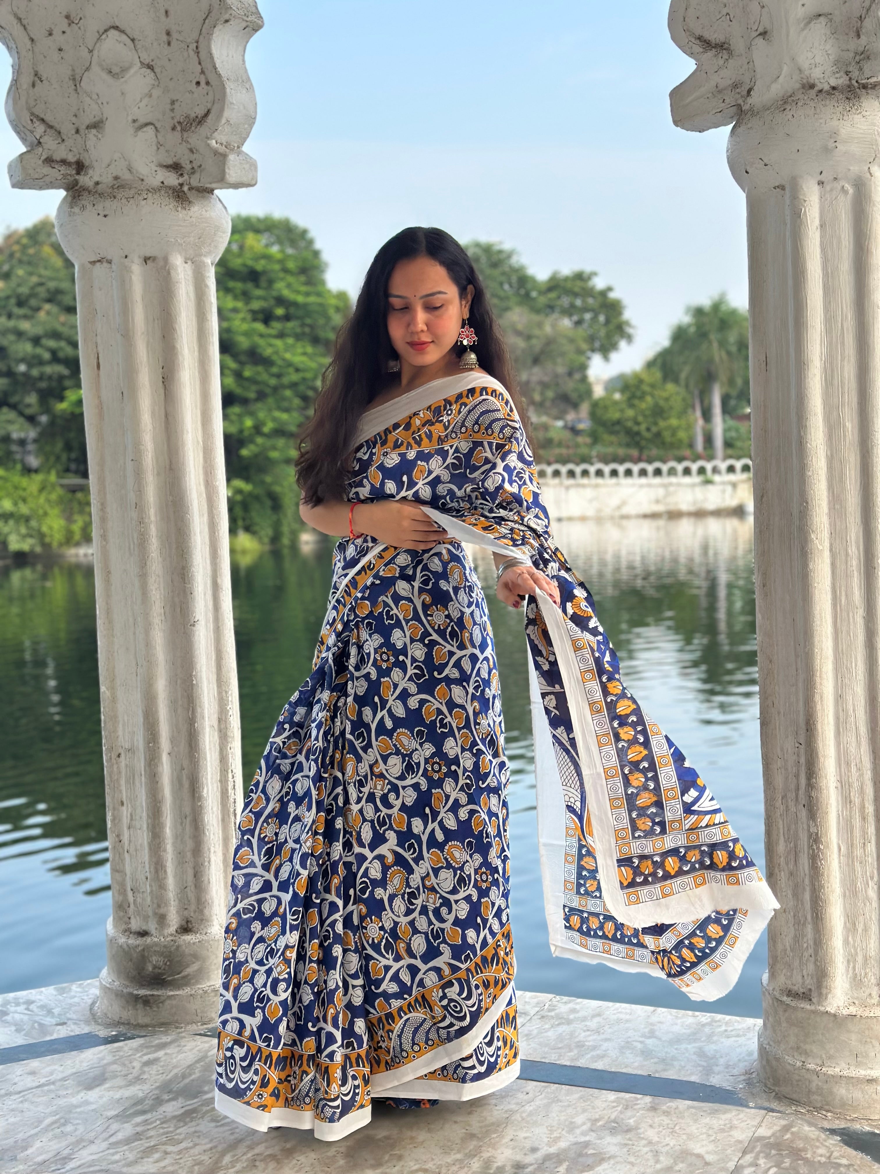 Harmony in Blue Mul Cotton Kalamkari Saree
