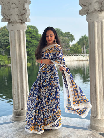 Harmony in Blue Mul Cotton Kalamkari Saree
