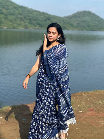Indigo Illusion Linen Saree