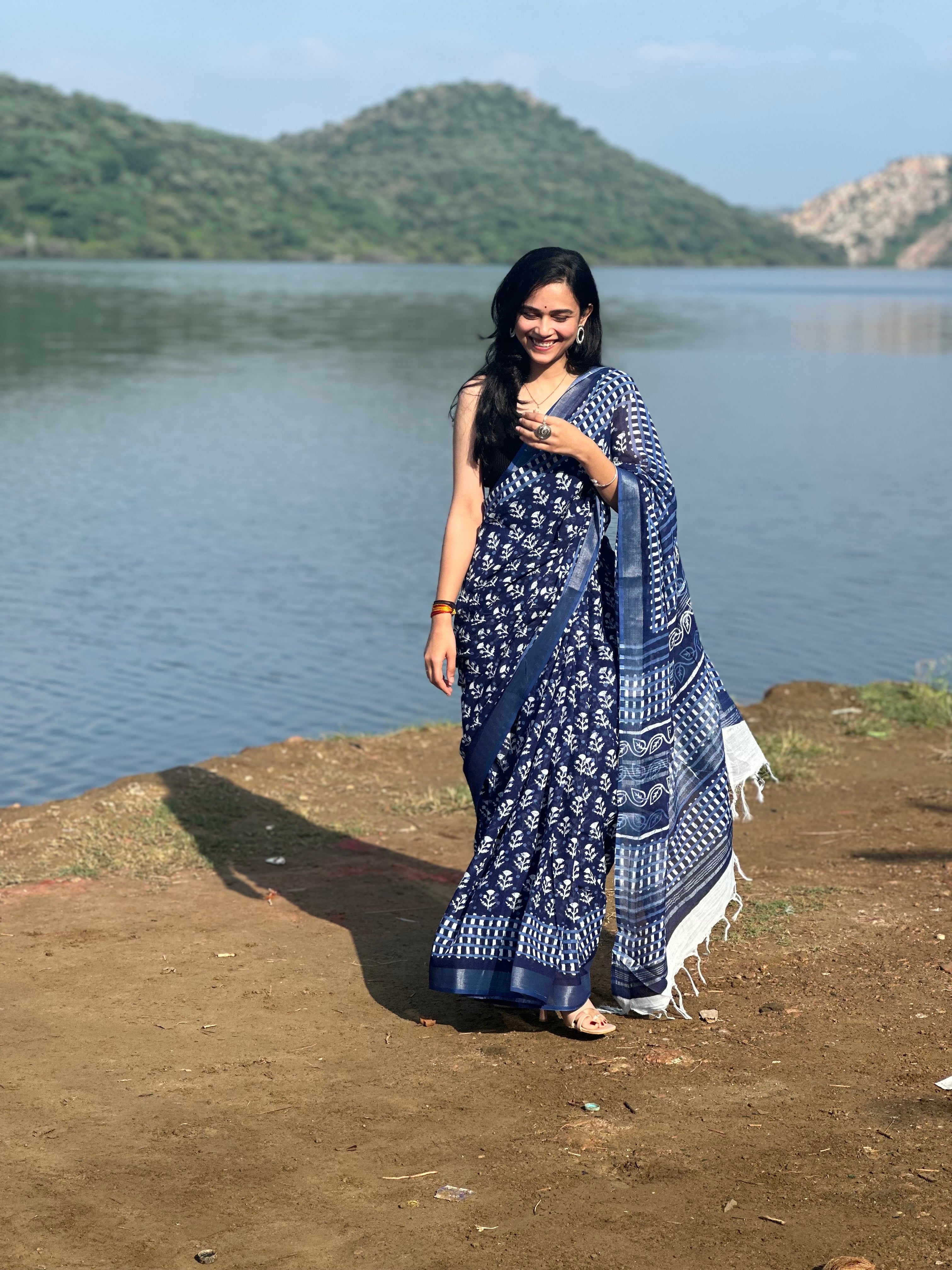 Indigo Illusion Linen Saree