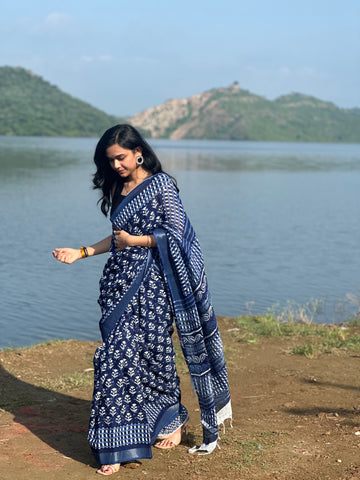Indigo Illusion Linen Saree