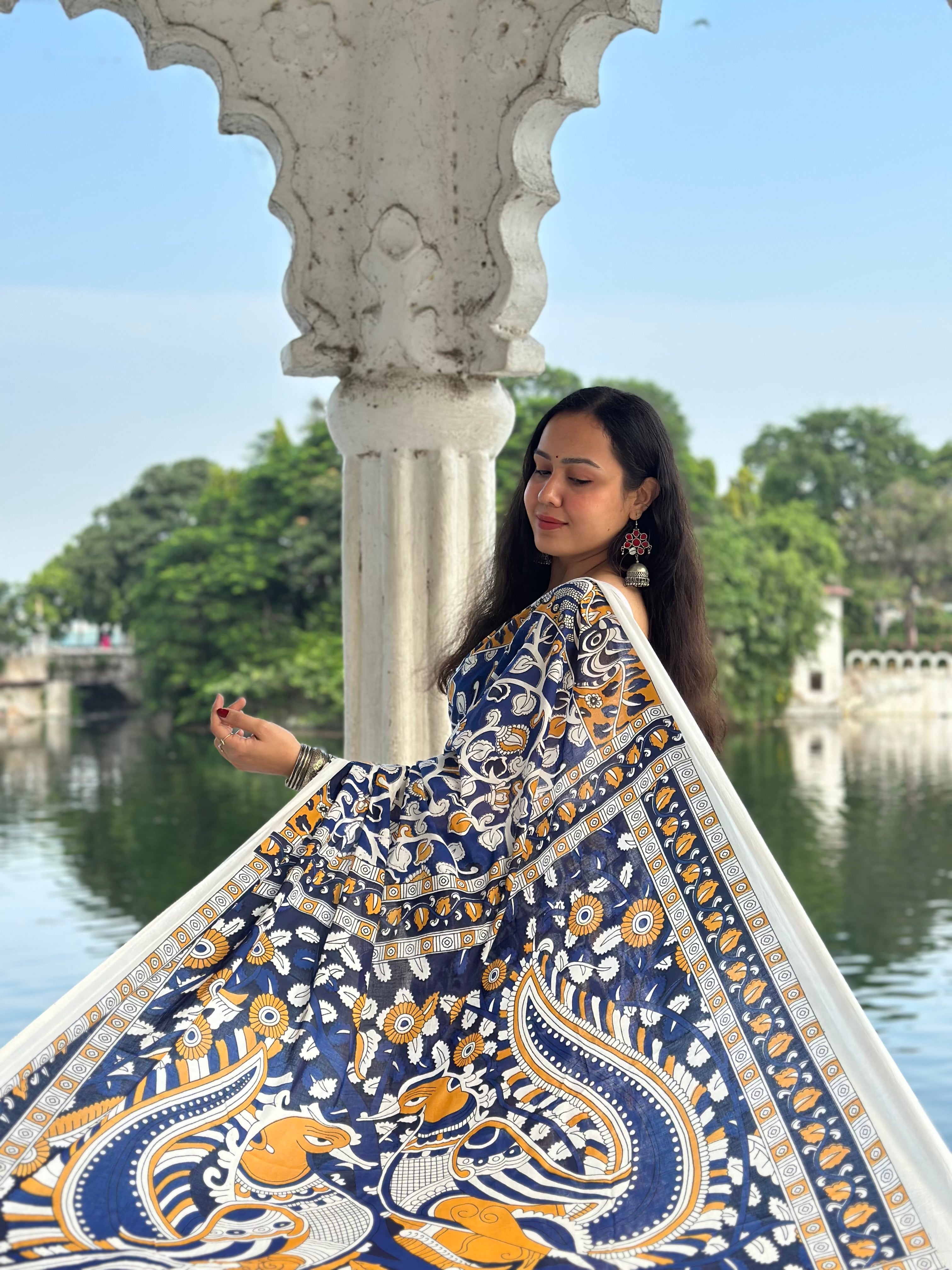 Harmony in Blue Mul Cotton Kalamkari Saree