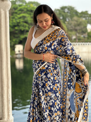 Harmony in Blue Mul Cotton Kalamkari Saree
