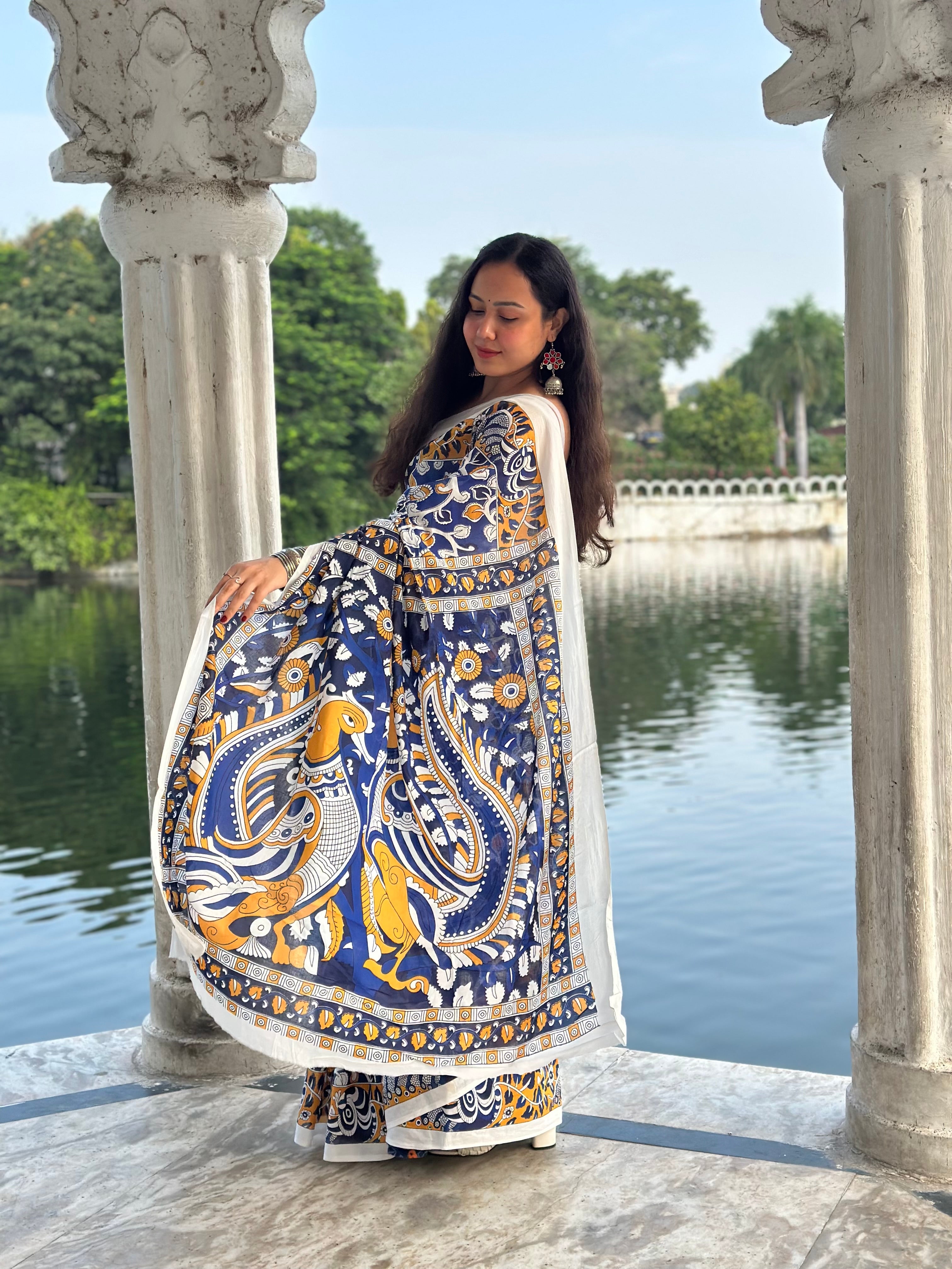 Harmony in Blue Mul Cotton Kalamkari Saree