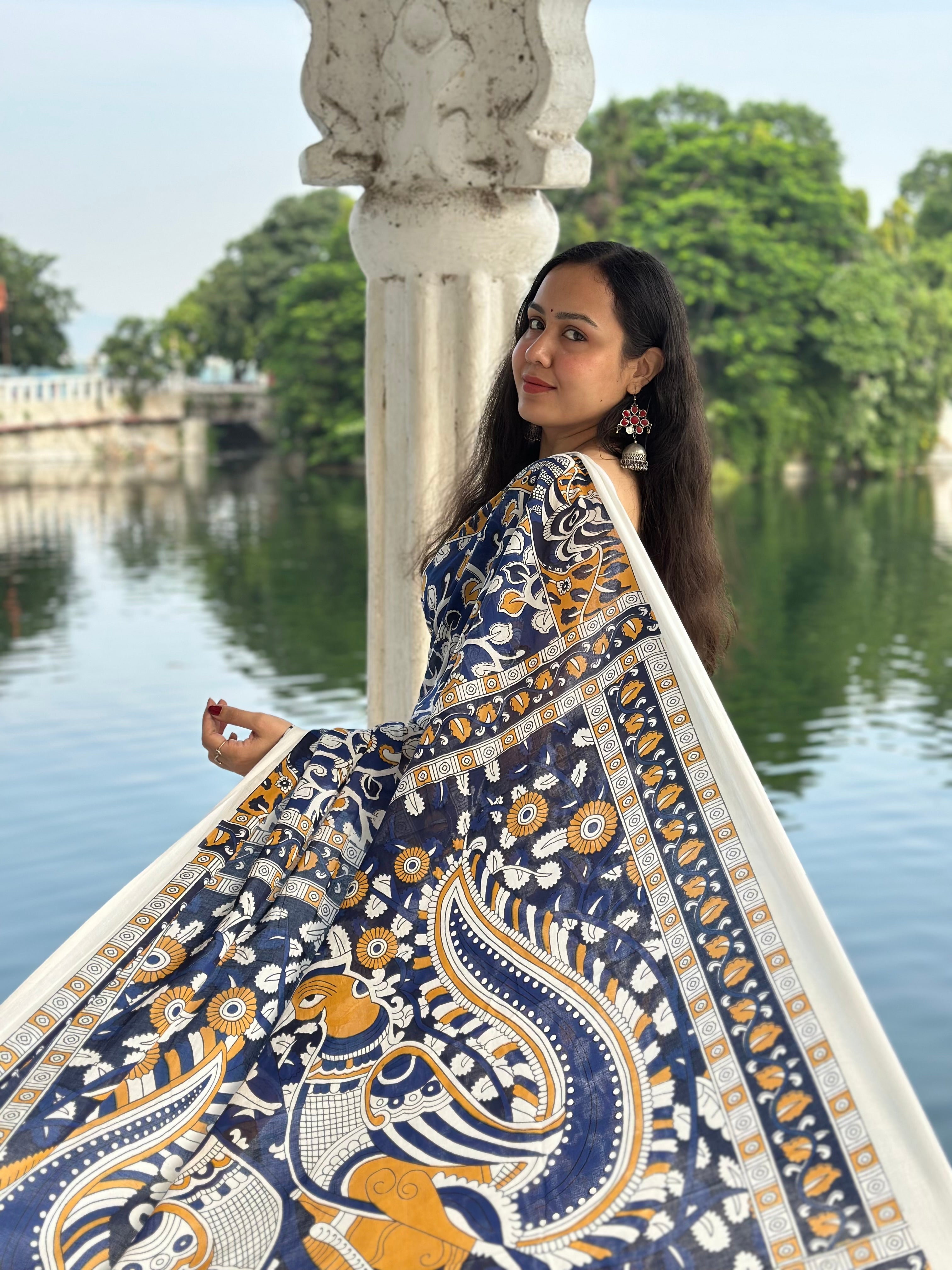 Harmony in Blue Mul Cotton Kalamkari Saree