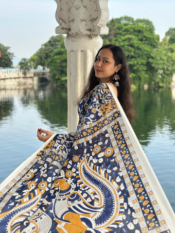 Harmony in Blue Mul Cotton Kalamkari Saree