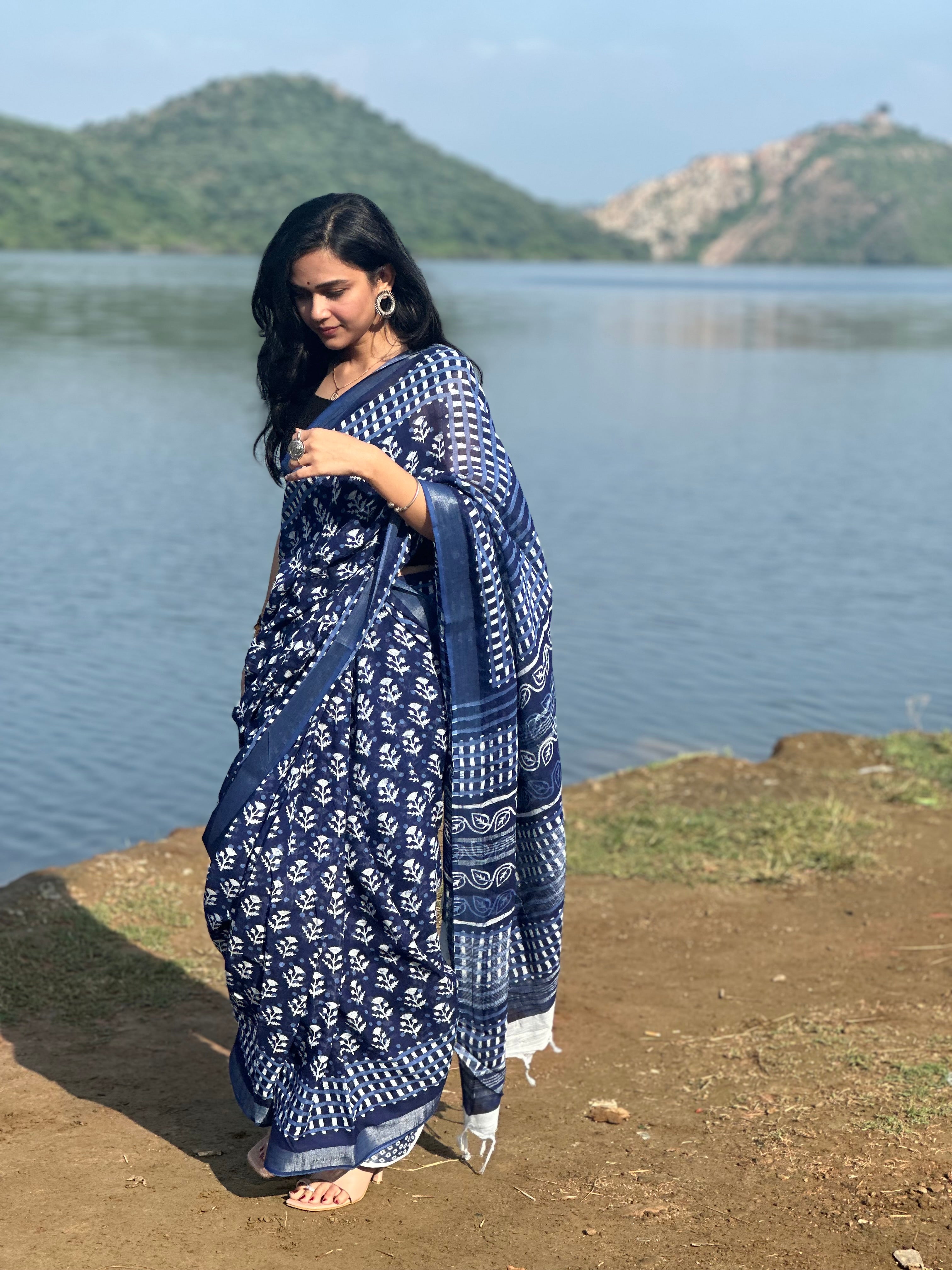 Indigo Illusion Linen Saree