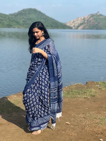 Indigo Illusion Linen Saree