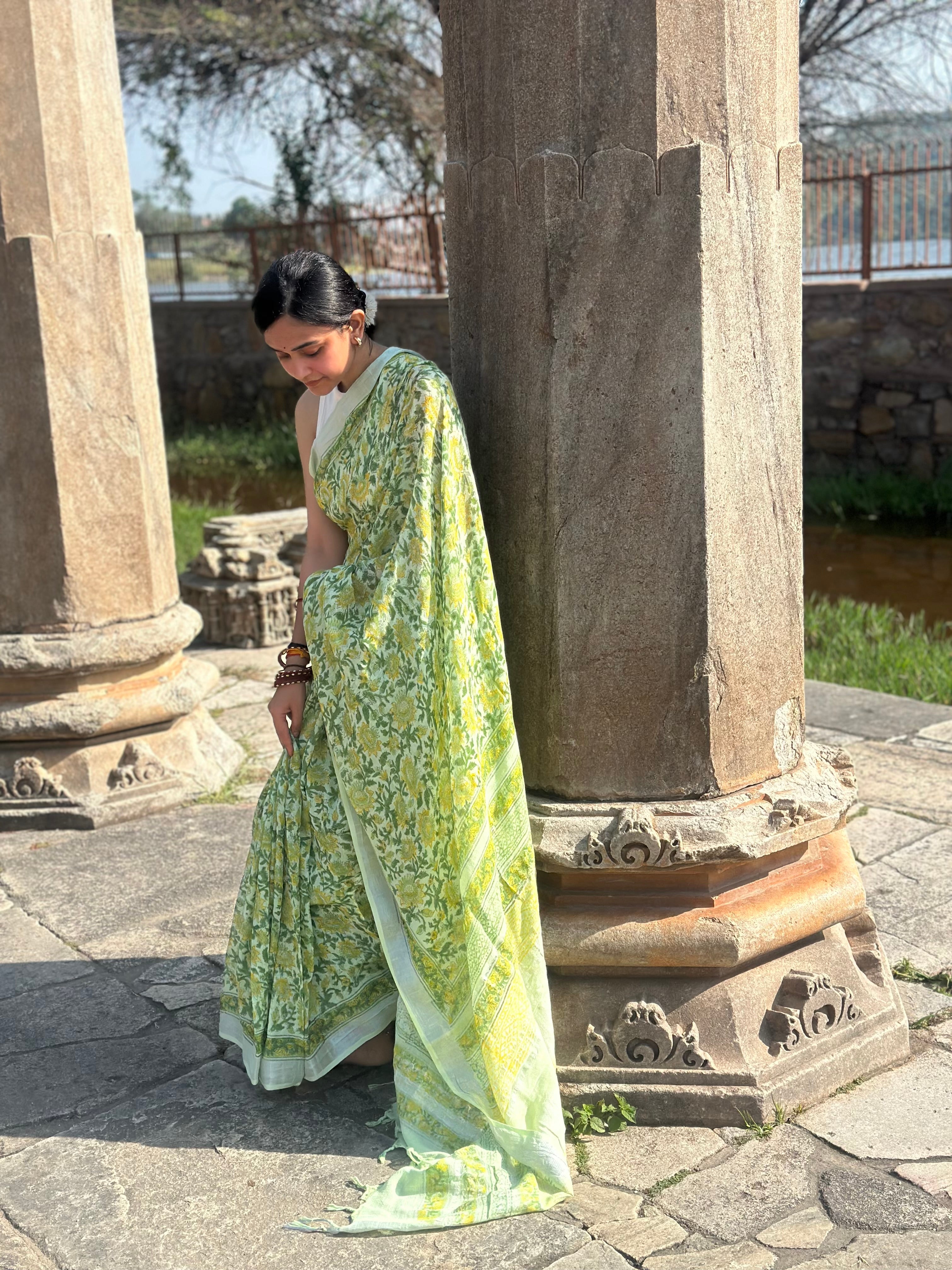 Mint Blossom Linen Saree