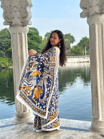 Harmony in Blue Mul Cotton Kalamkari Saree